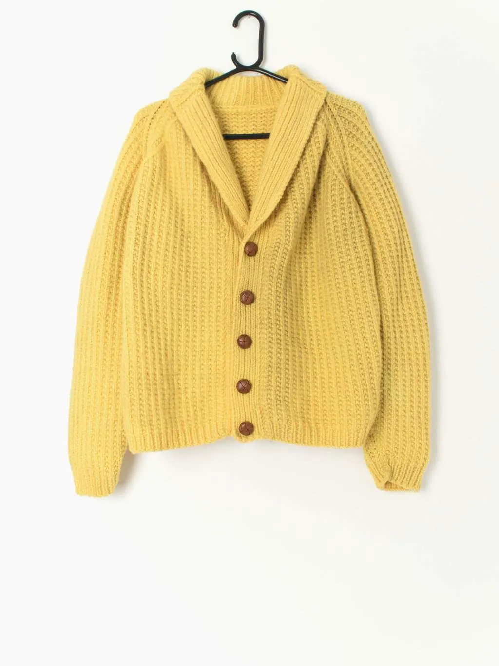 50s hand knitted cardigan in yellow chunky knit wool – Small / Medium