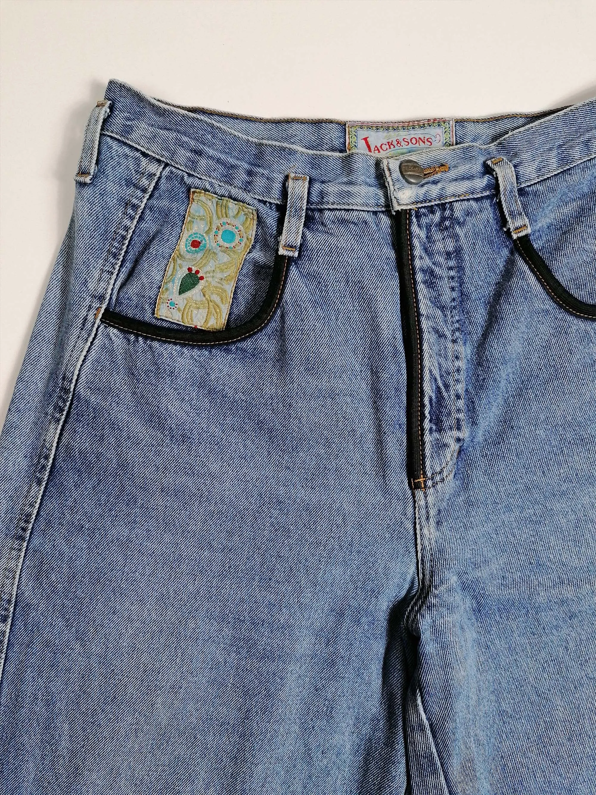 80's JACK & SONS High Waist Embroidery Patch Baggy Jeans - M-L (32)