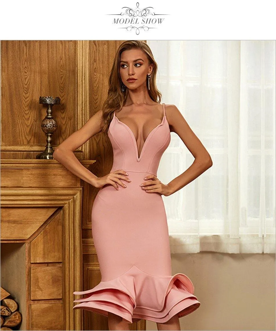 ADYCE Pink Trumpet Bandage Spaghetti Strap Dress with V-Neck - Perfect for Alternative Fashion Lovers