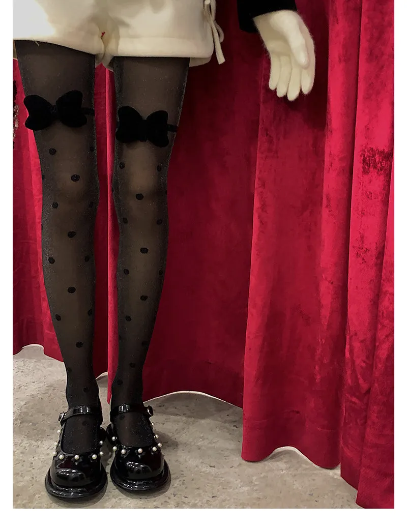 Bella Black Mesh Polka Dot Bow Tights