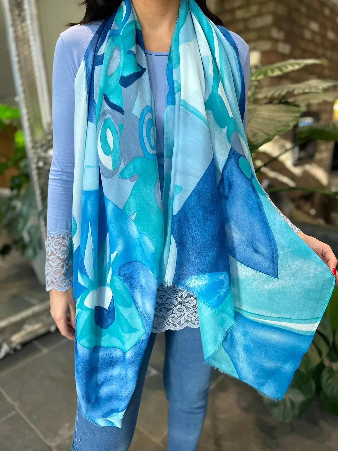 Blue Abstract Flower Print Scarf