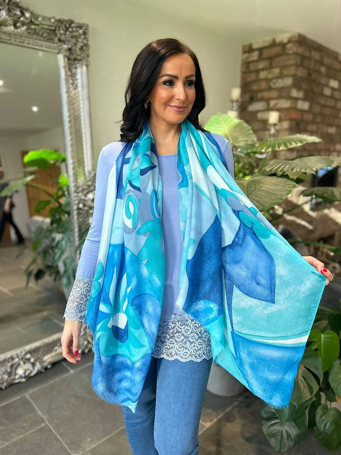 Blue Abstract Flower Print Scarf