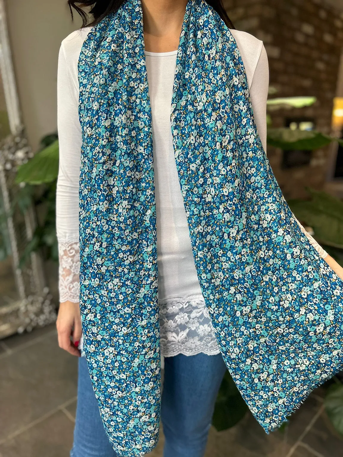 Blue Ditsy Floral Gold Fleck Scarf