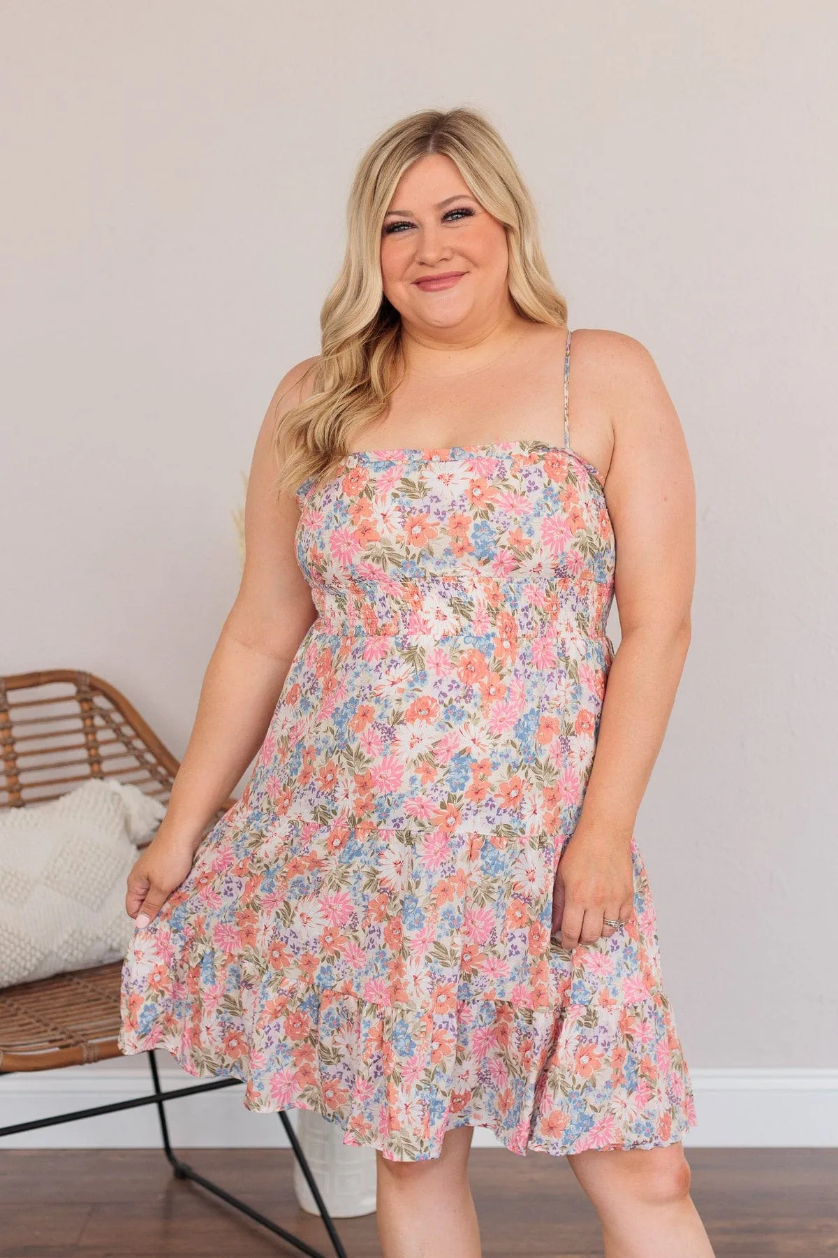 Can't Bring Me Down Floral Mini Dress- Peach & Ivory