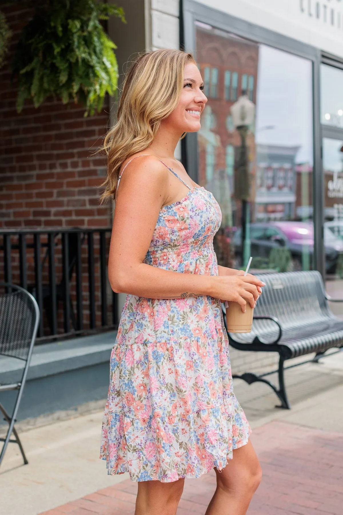 Can't Bring Me Down Floral Mini Dress- Peach & Ivory