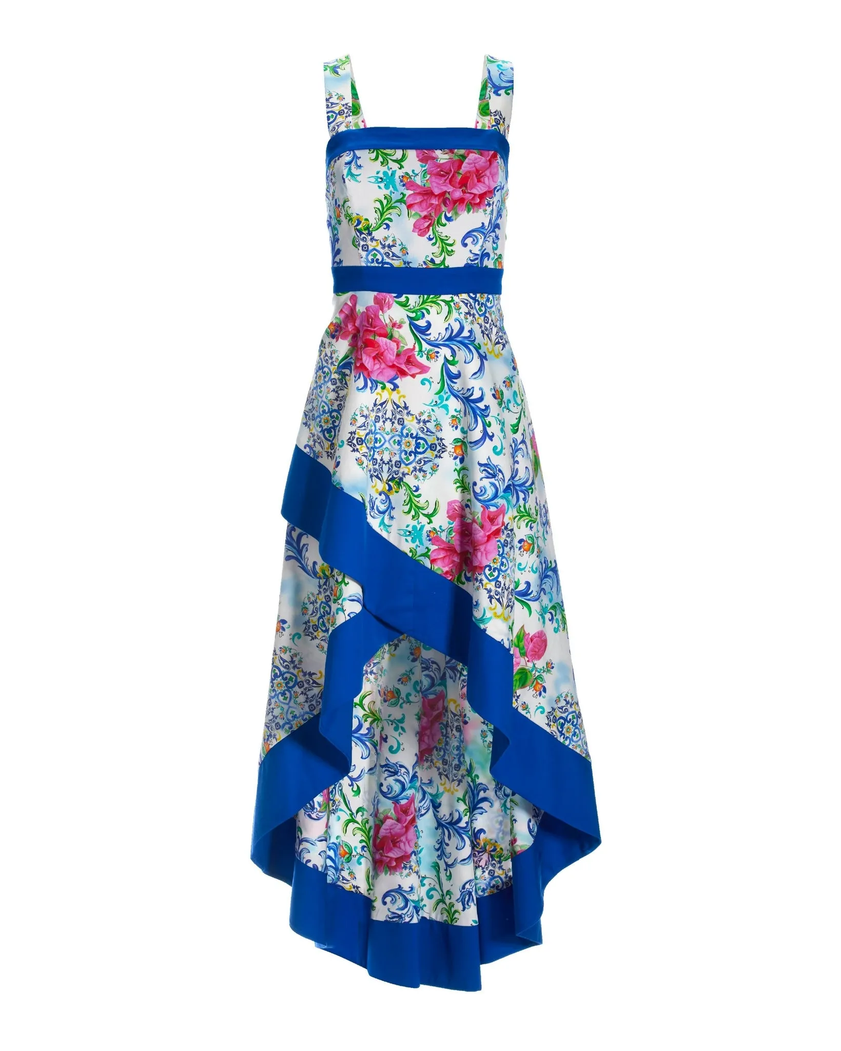 Capri Tiles Print Square Neck High Low Dress Multi