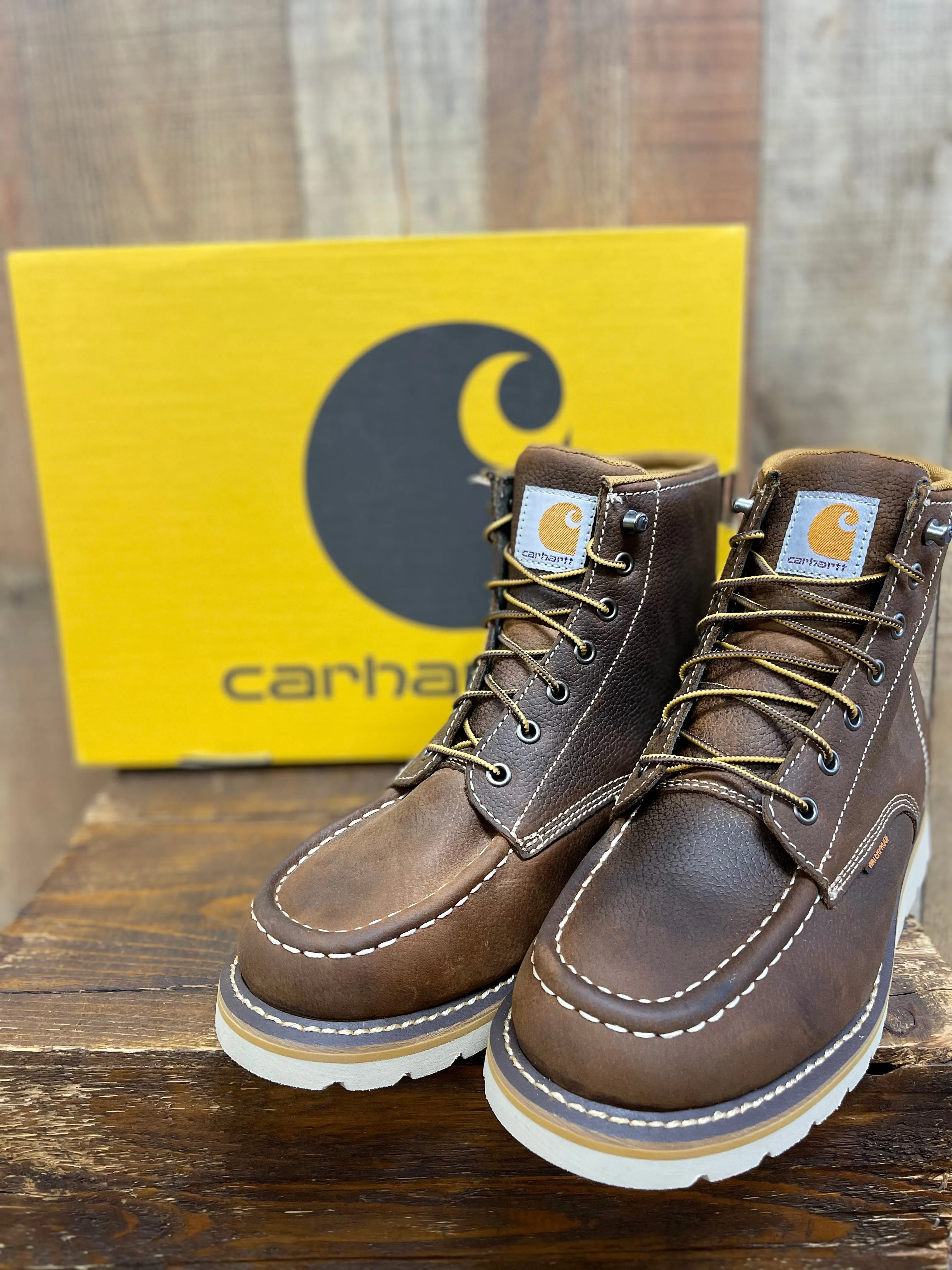 CARHARTT MEN'S 6 BROWN WATERPROOF WEDGE BOOTS - MOC TOE