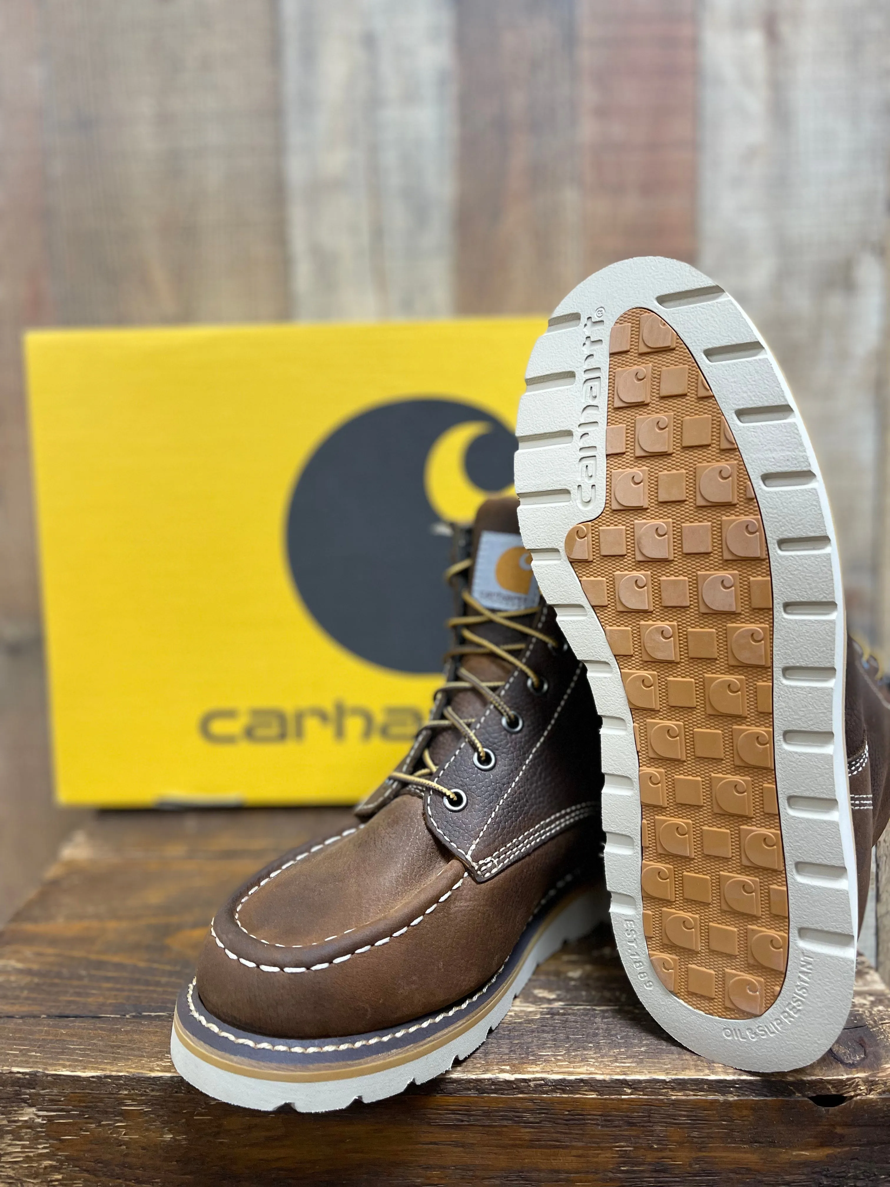 CARHARTT MEN'S 6 BROWN WATERPROOF WEDGE BOOTS - MOC TOE