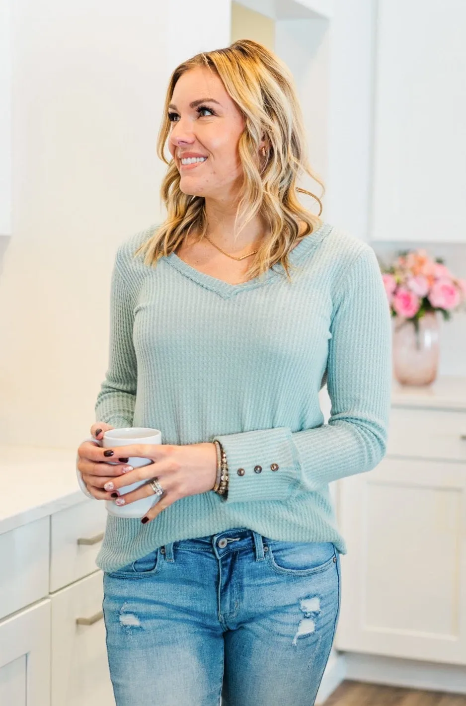 Cozy Up Waffle Knit Long Sleeve Top- Light Mint