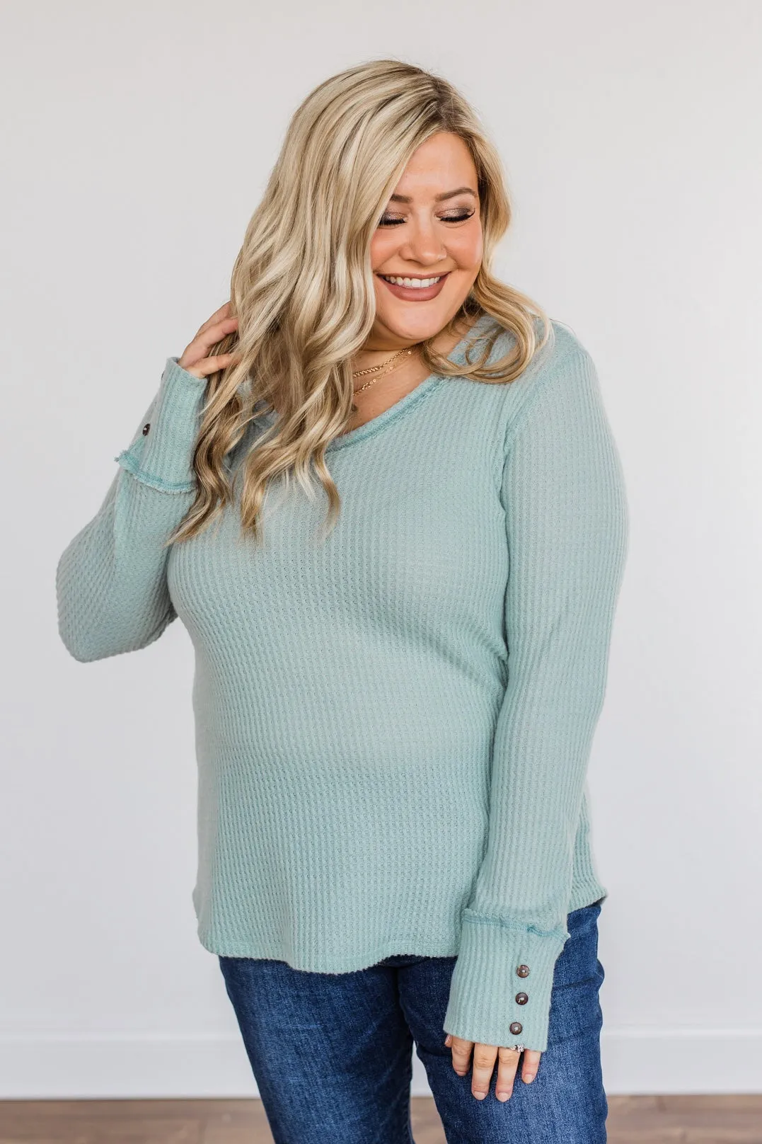 Cozy Up Waffle Knit Long Sleeve Top- Light Mint