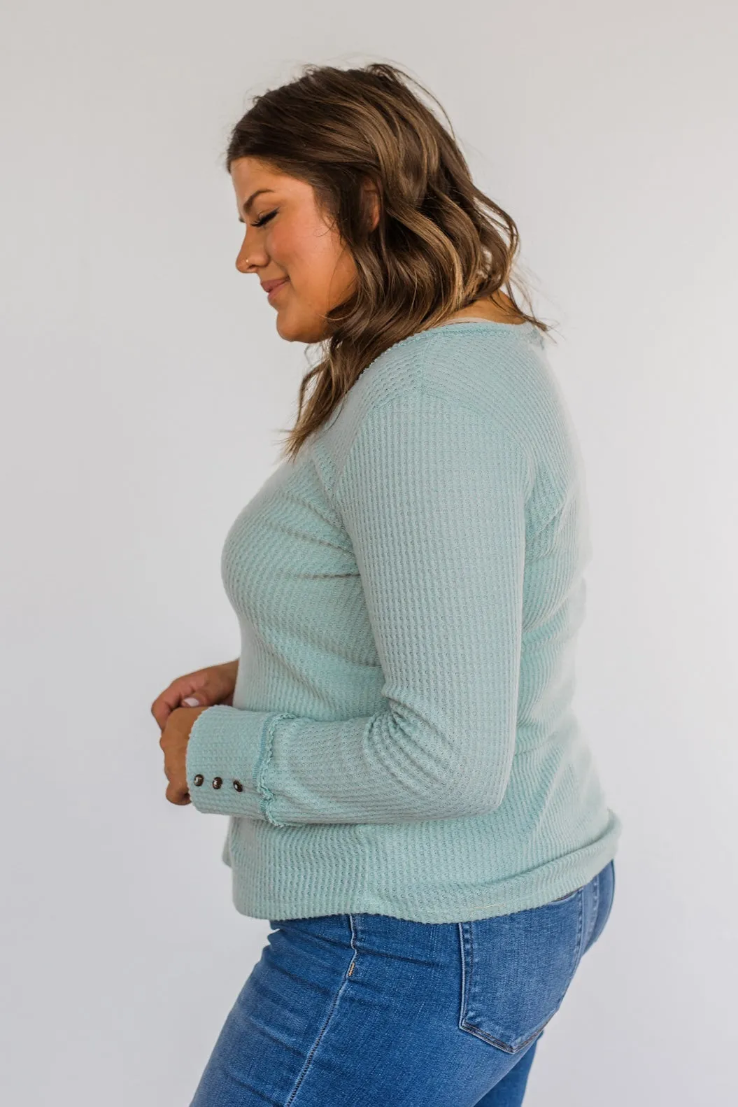 Cozy Up Waffle Knit Long Sleeve Top- Light Mint