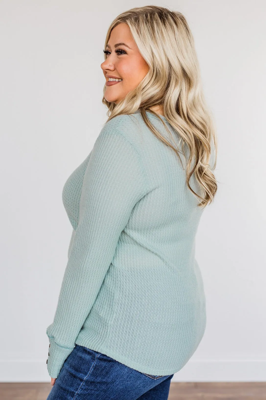 Cozy Up Waffle Knit Long Sleeve Top- Light Mint