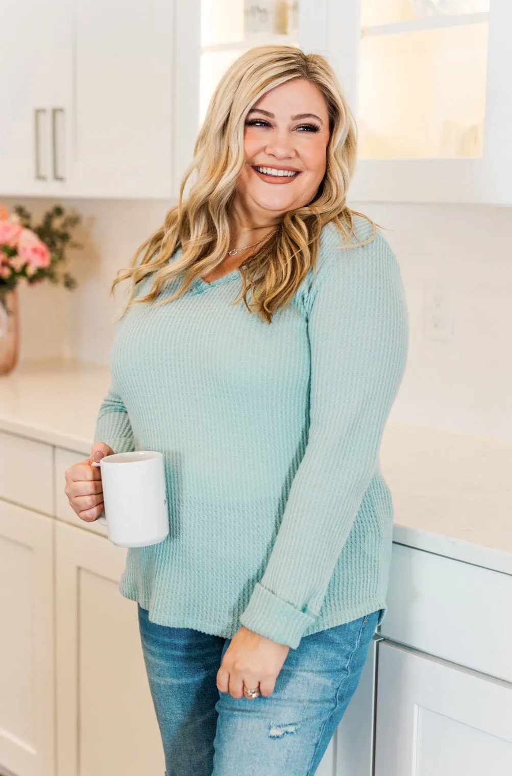 Cozy Up Waffle Knit Long Sleeve Top- Light Mint