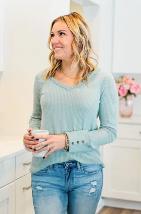 Cozy Up Waffle Knit Long Sleeve Top- Light Mint