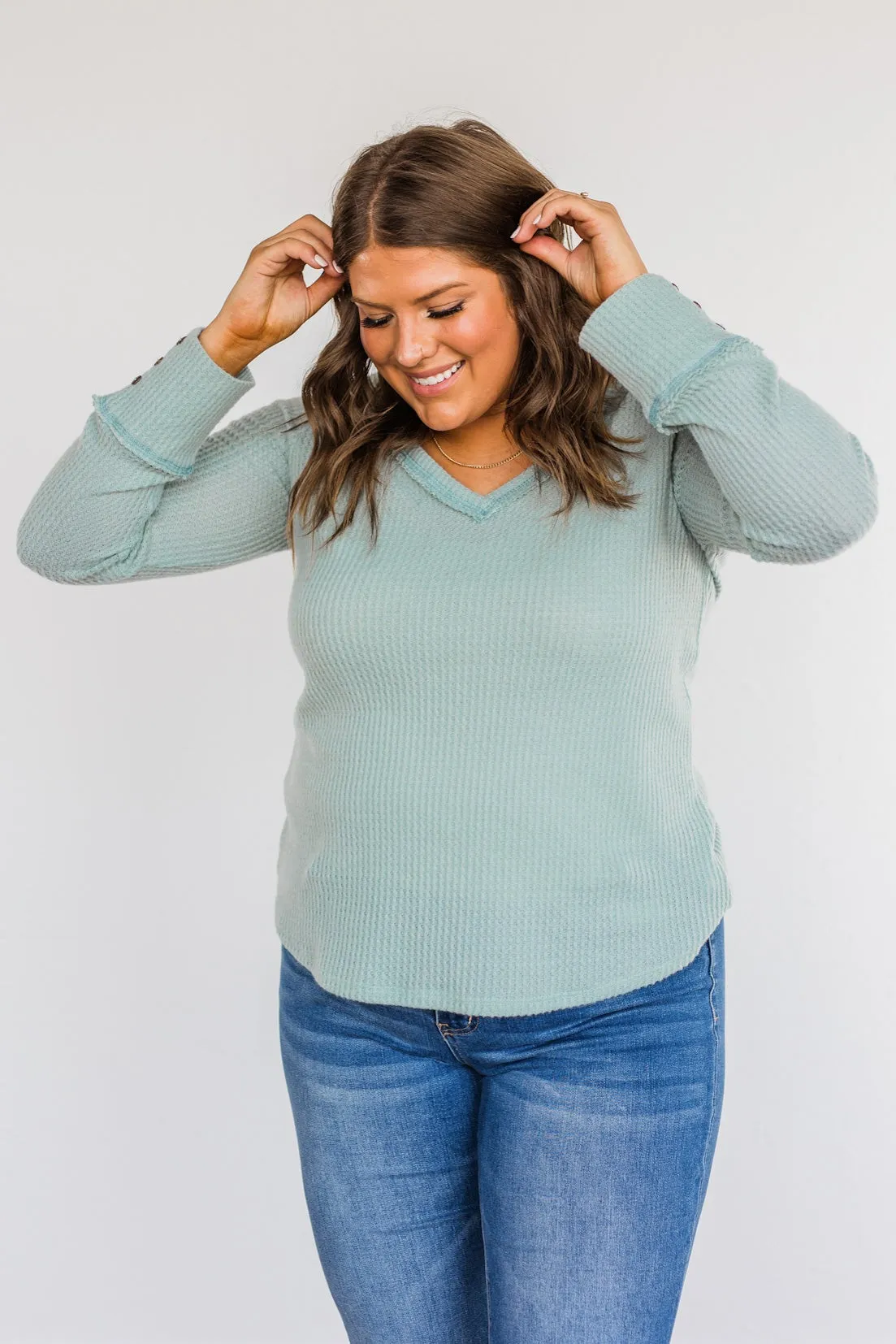 Cozy Up Waffle Knit Long Sleeve Top- Light Mint