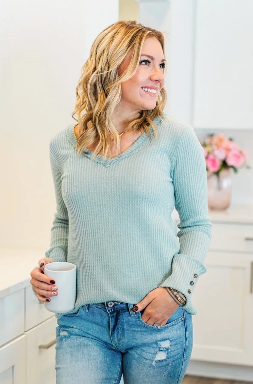 Cozy Up Waffle Knit Long Sleeve Top- Light Mint