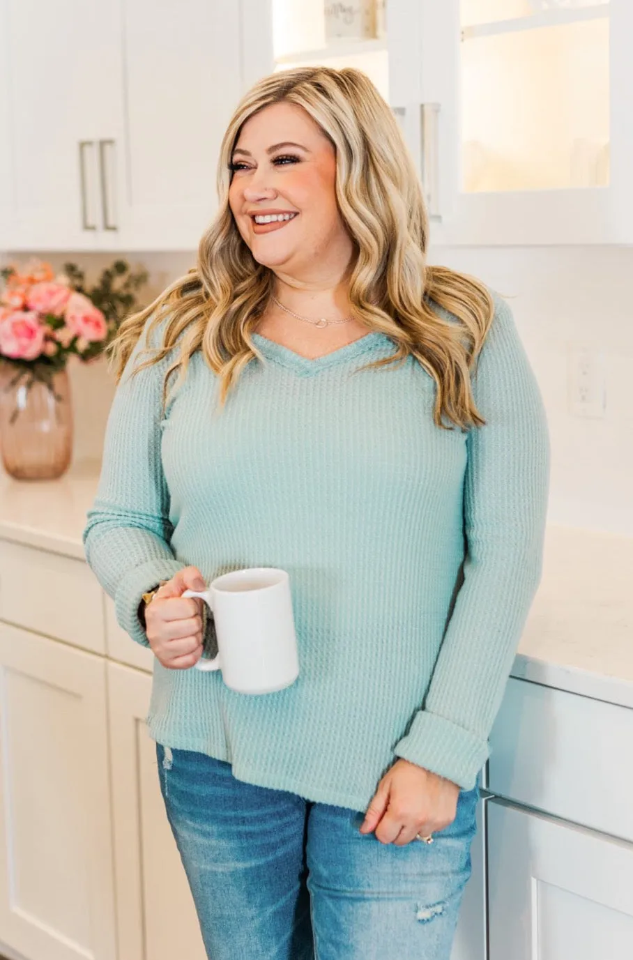 Cozy Up Waffle Knit Long Sleeve Top- Light Mint