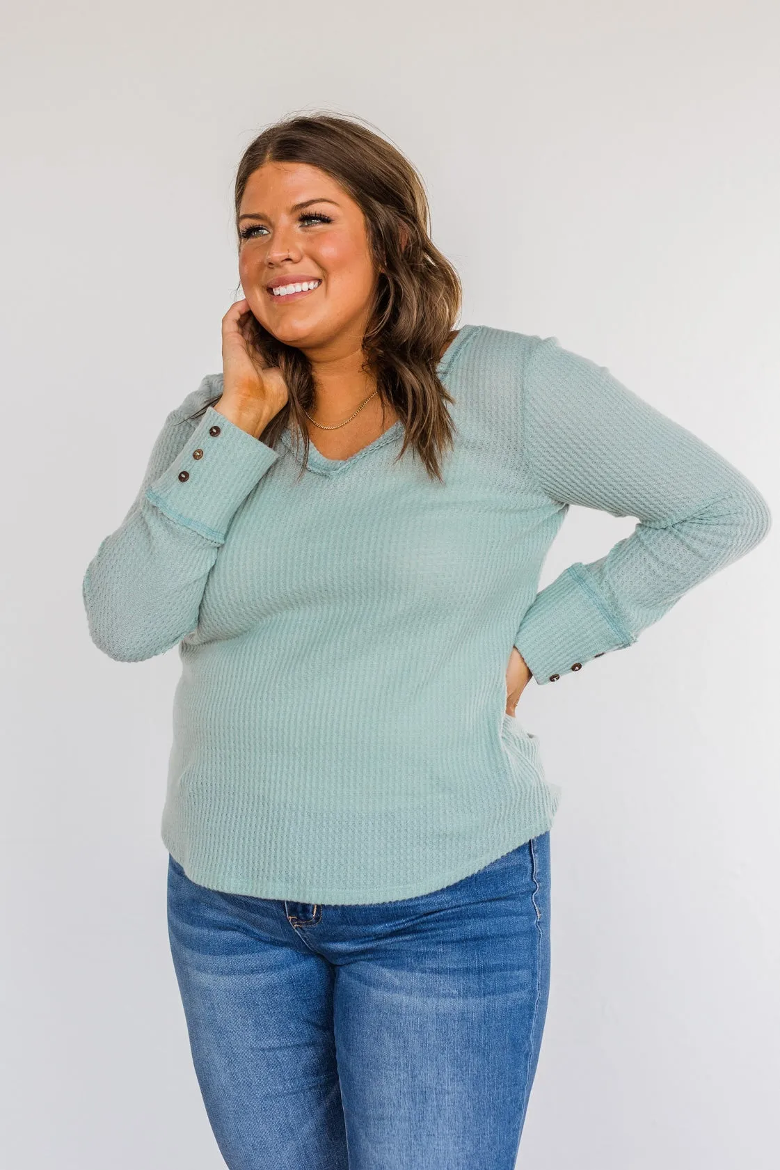 Cozy Up Waffle Knit Long Sleeve Top- Light Mint