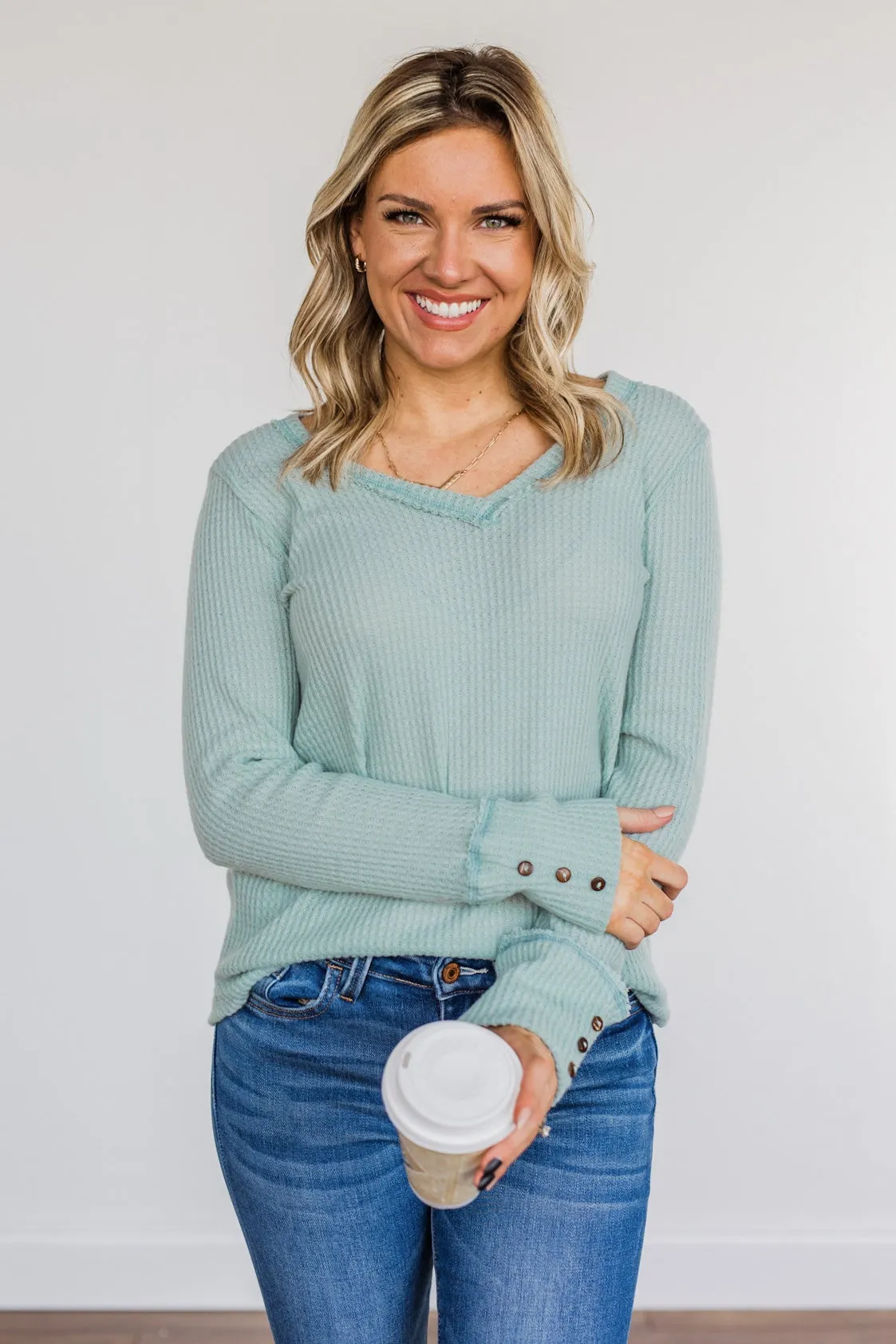 Cozy Up Waffle Knit Long Sleeve Top- Light Mint