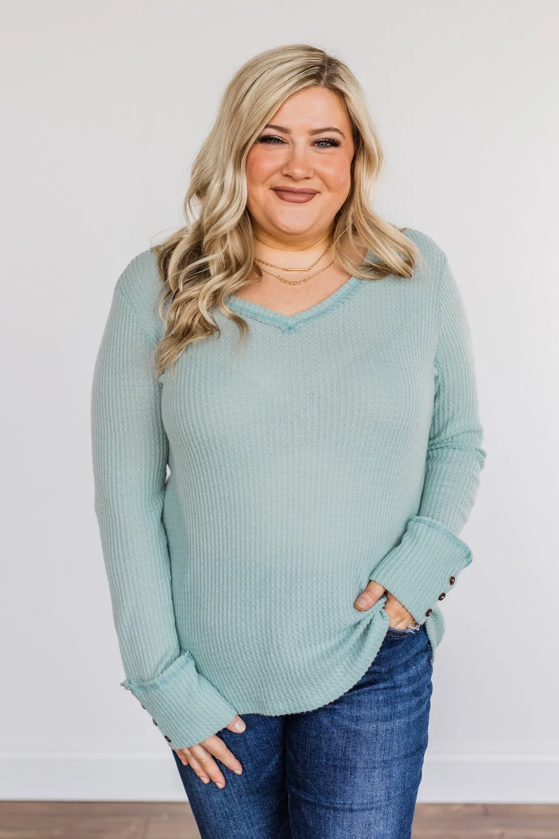 Cozy Up Waffle Knit Long Sleeve Top- Light Mint