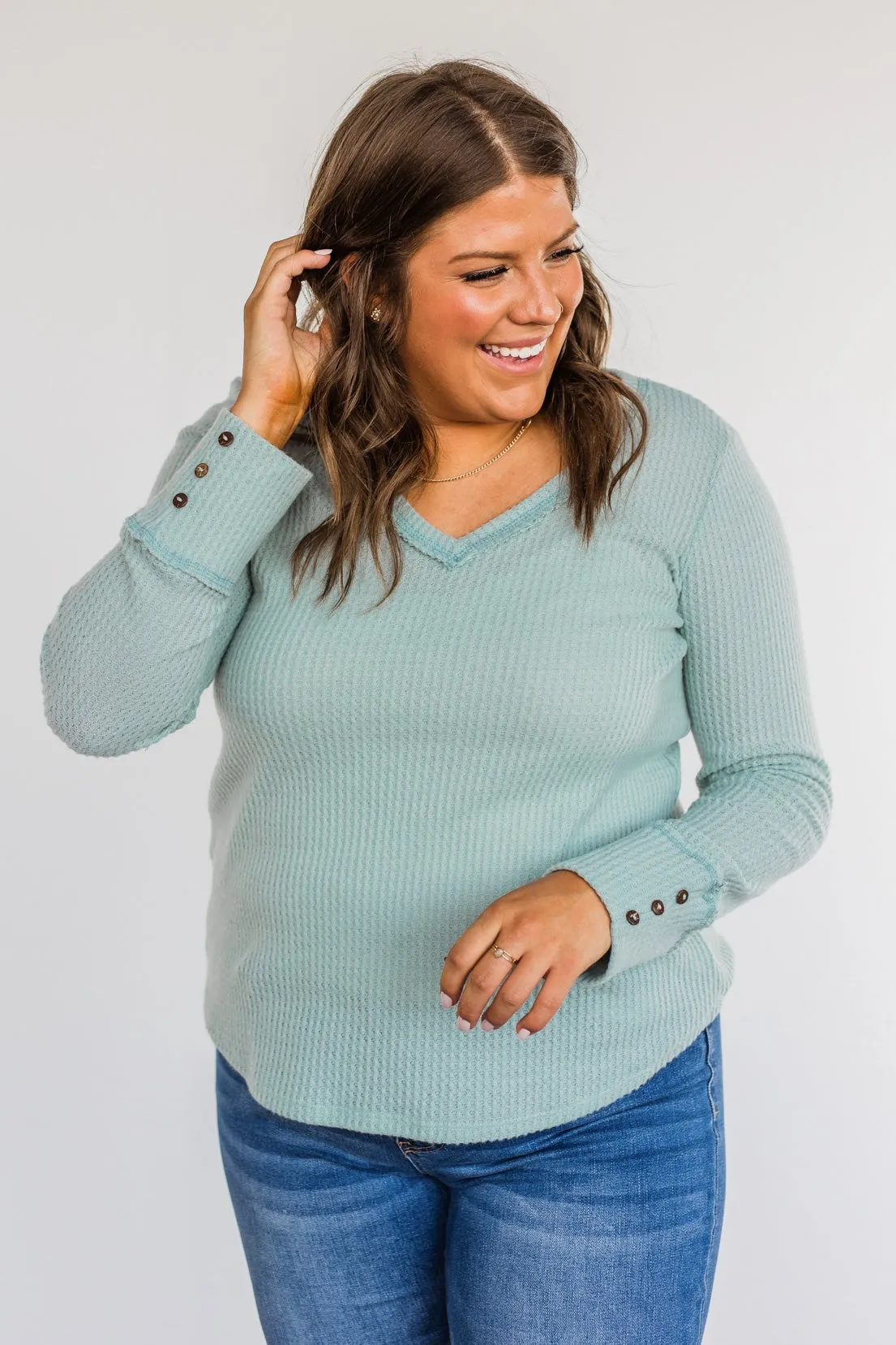 Cozy Up Waffle Knit Long Sleeve Top- Light Mint