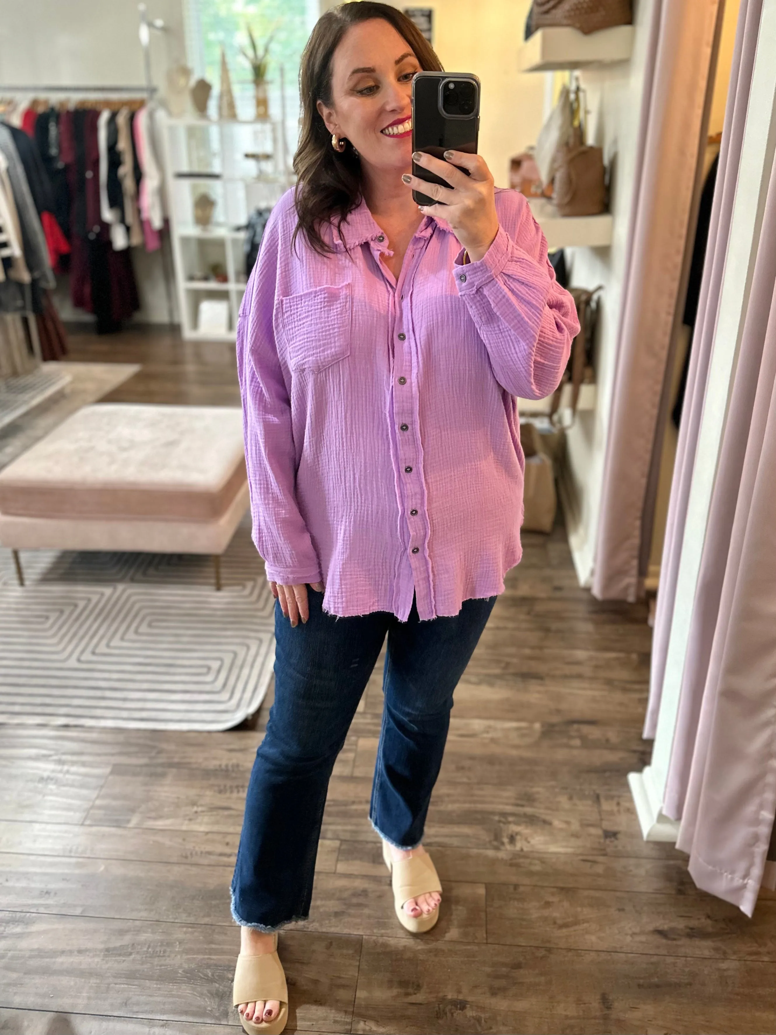 Curvy Lavender Gauze Button Down