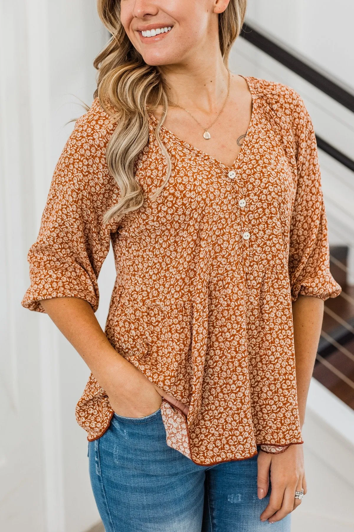 Daffodil Daydreams Floral Top- Rust