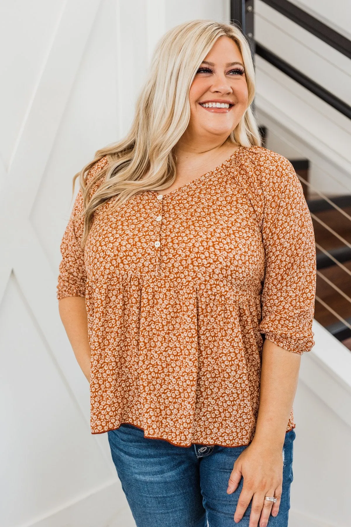 Daffodil Daydreams Floral Top- Rust