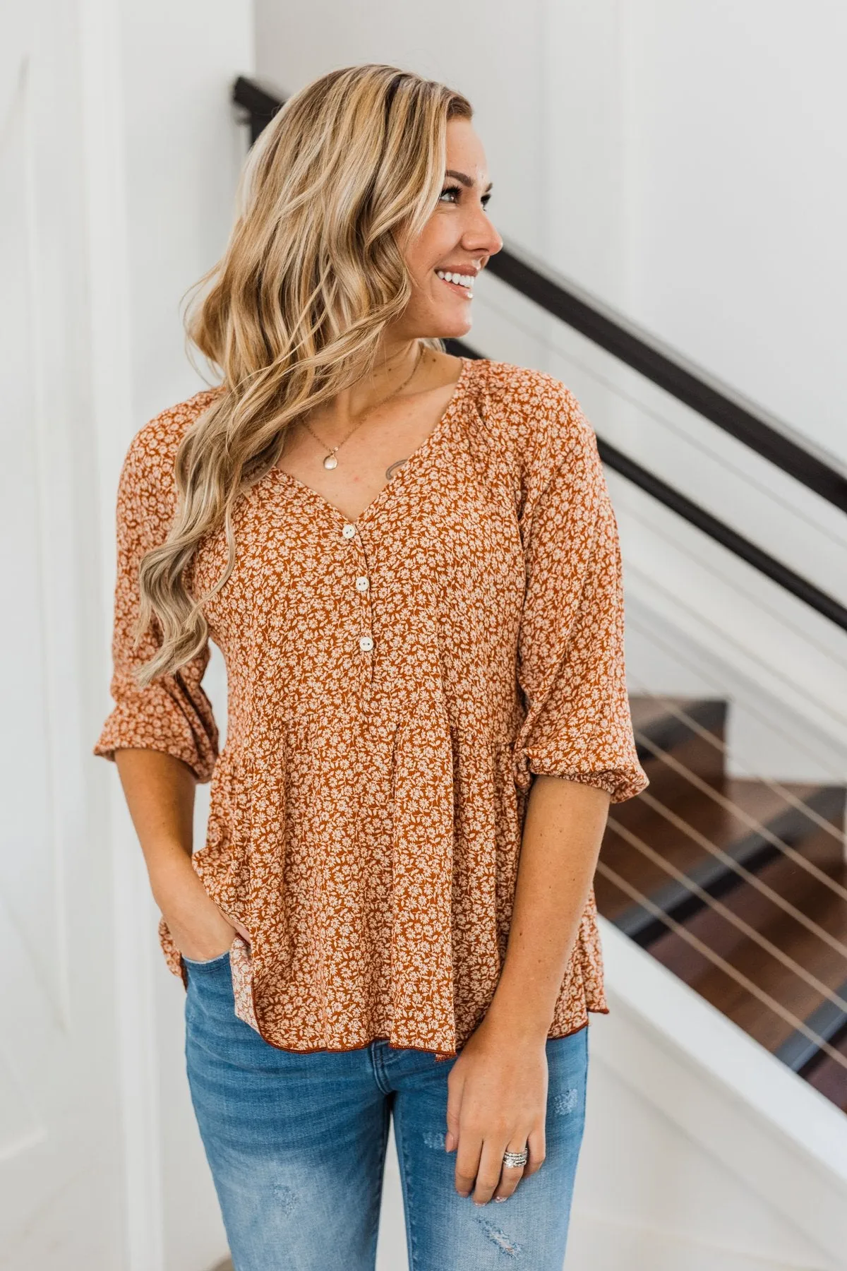 Daffodil Daydreams Floral Top- Rust