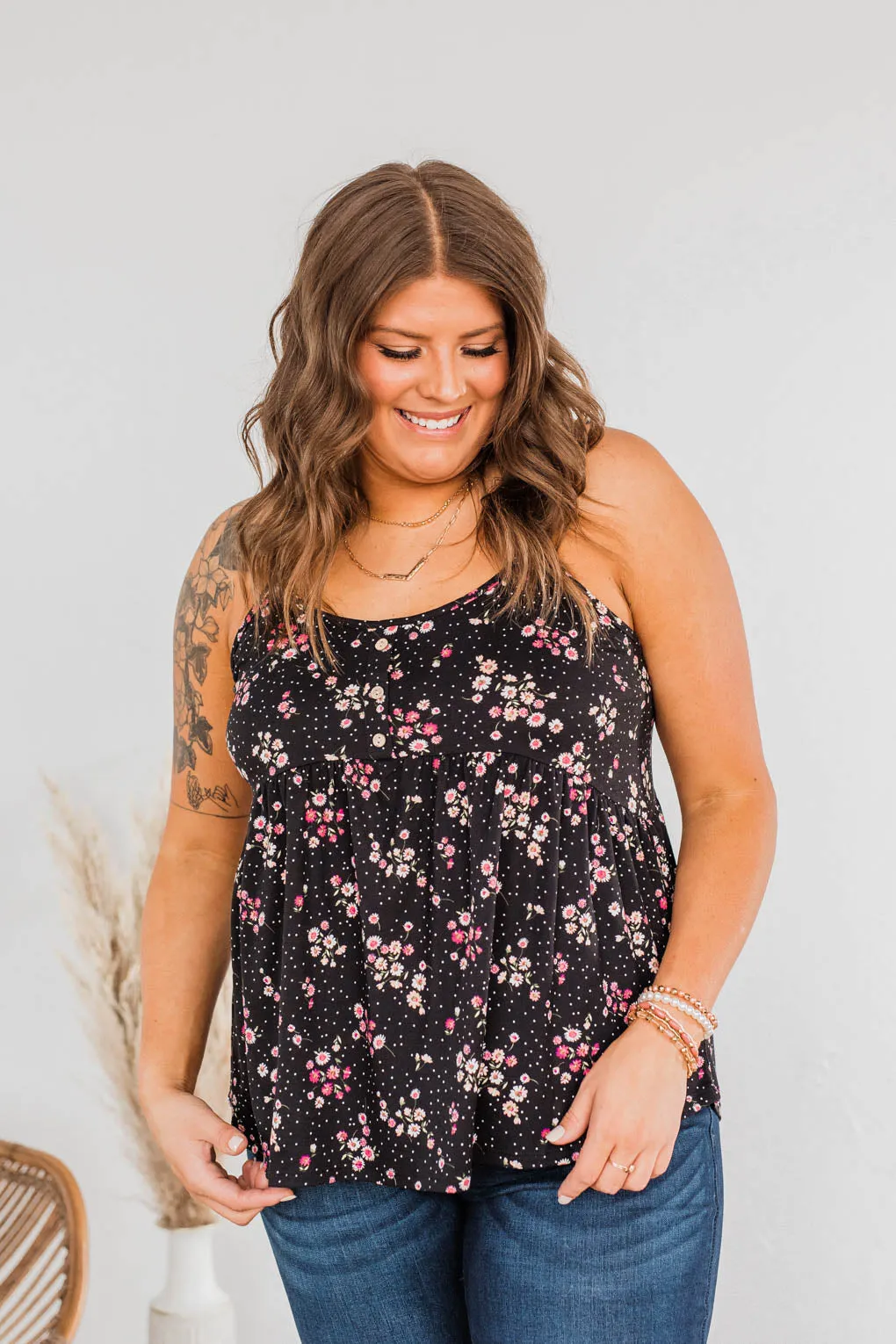 Endless Fields Button Tank Top- Black & Pink