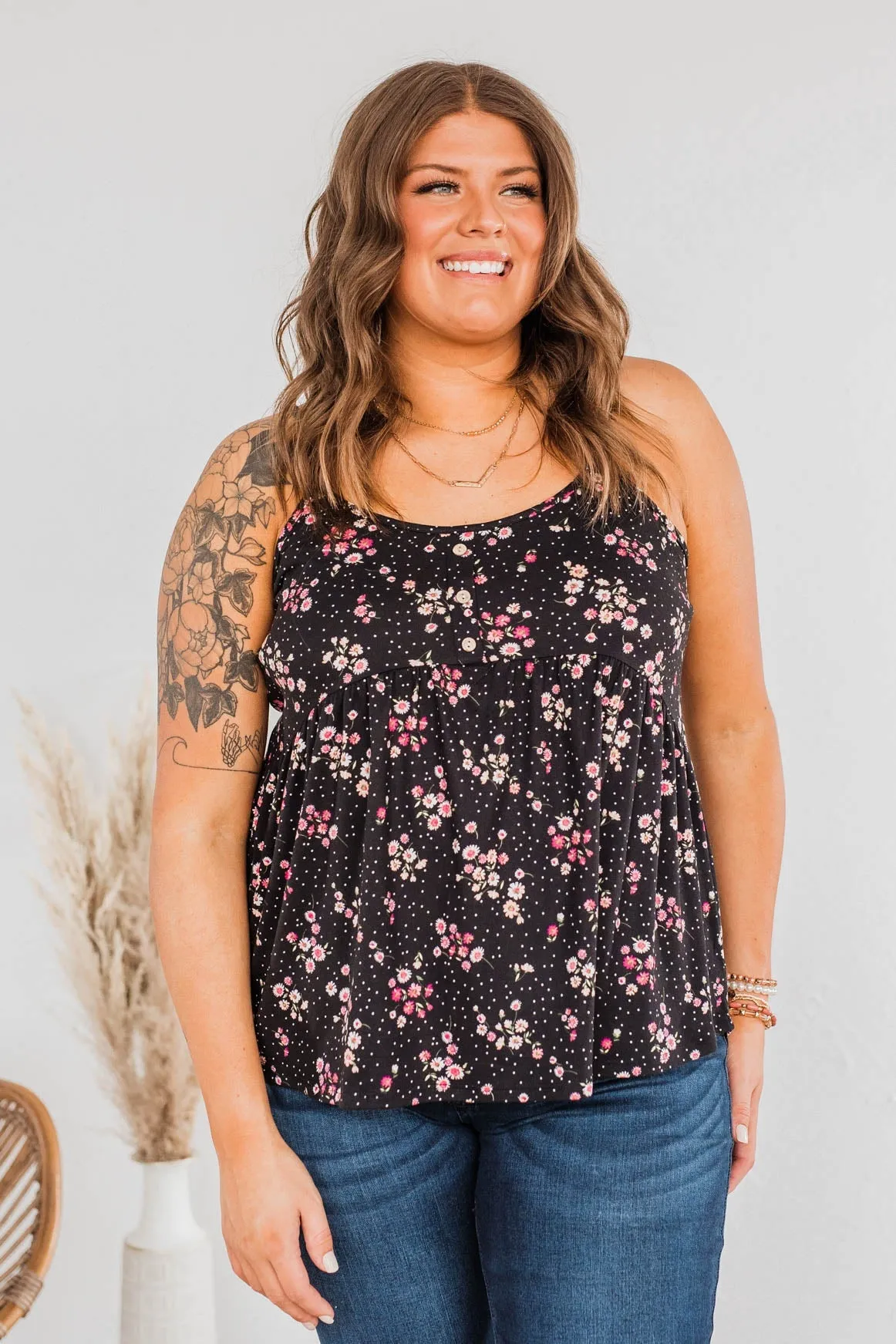 Endless Fields Button Tank Top- Black & Pink