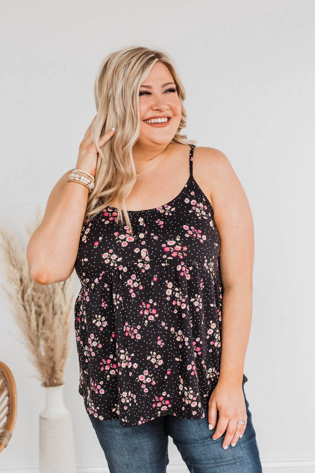 Endless Fields Button Tank Top- Black & Pink