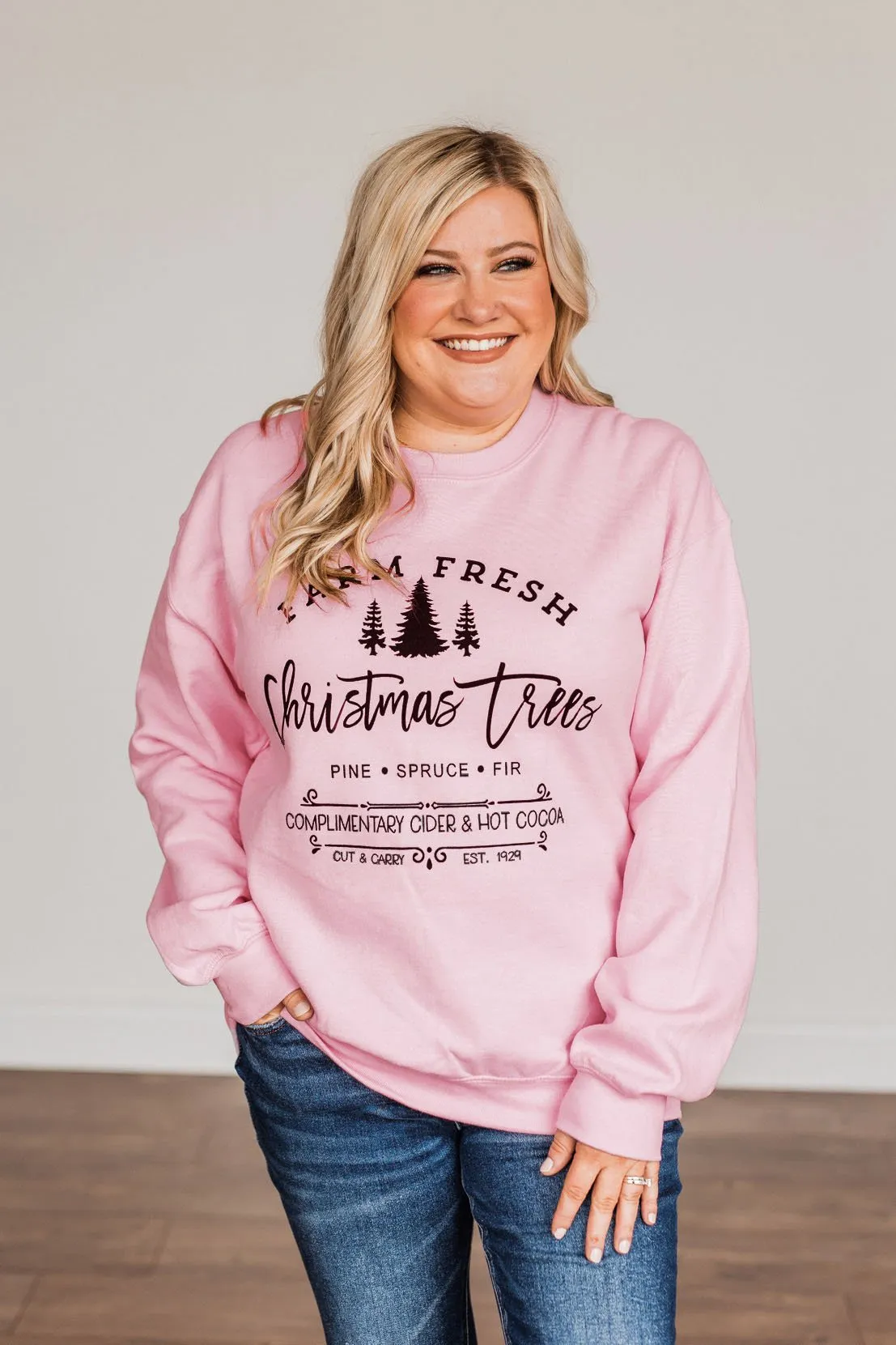 Farm Fresh Christmas Trees Graphic Crewneck- Light Pink