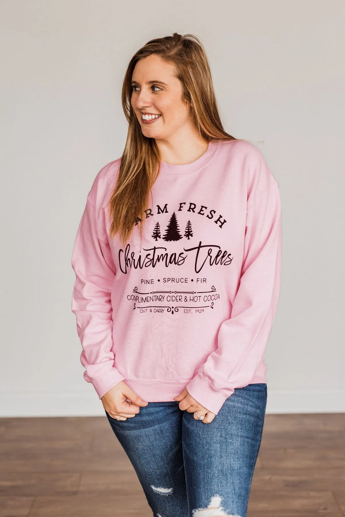 Farm Fresh Christmas Trees Graphic Crewneck- Light Pink