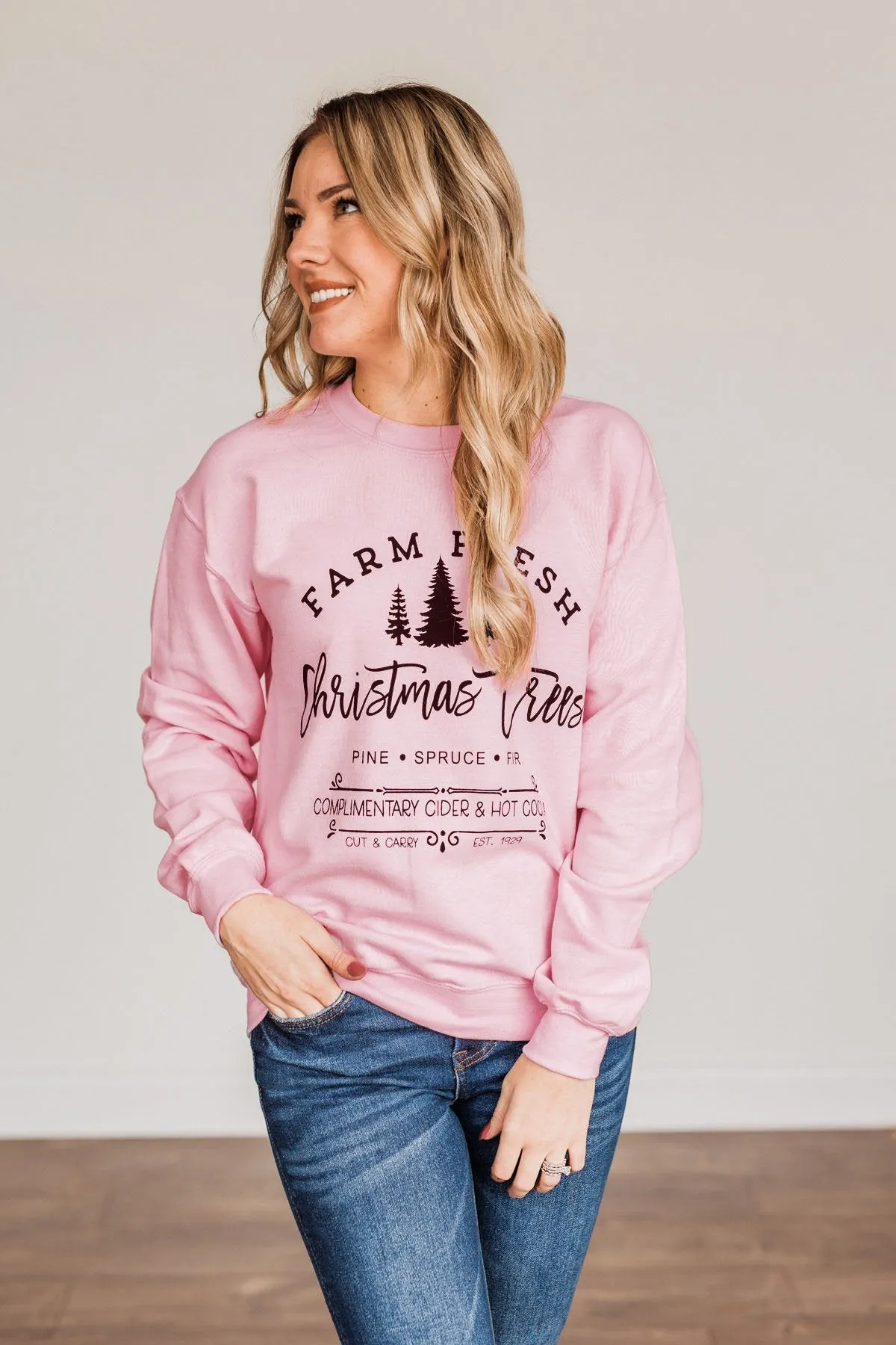 Farm Fresh Christmas Trees Graphic Crewneck- Light Pink