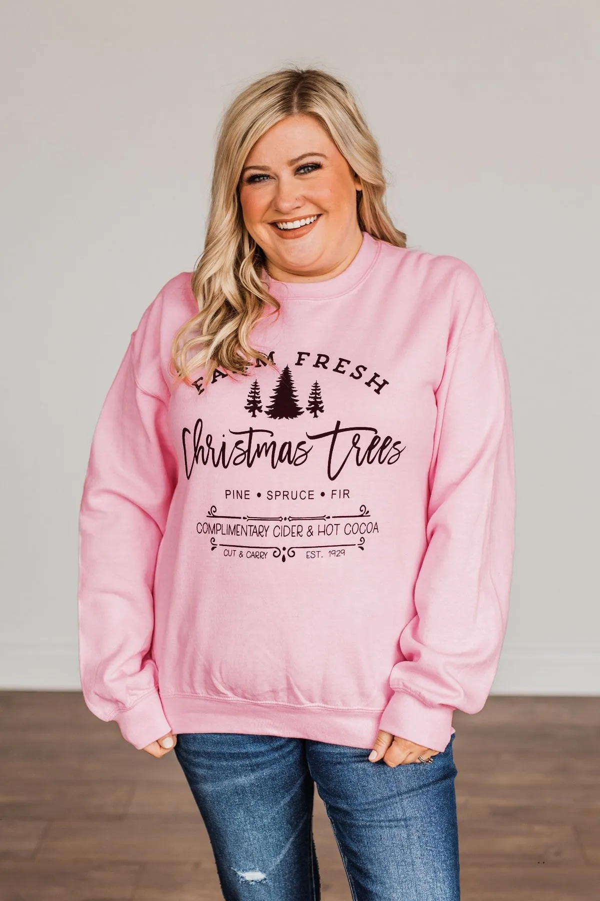 Farm Fresh Christmas Trees Graphic Crewneck- Light Pink