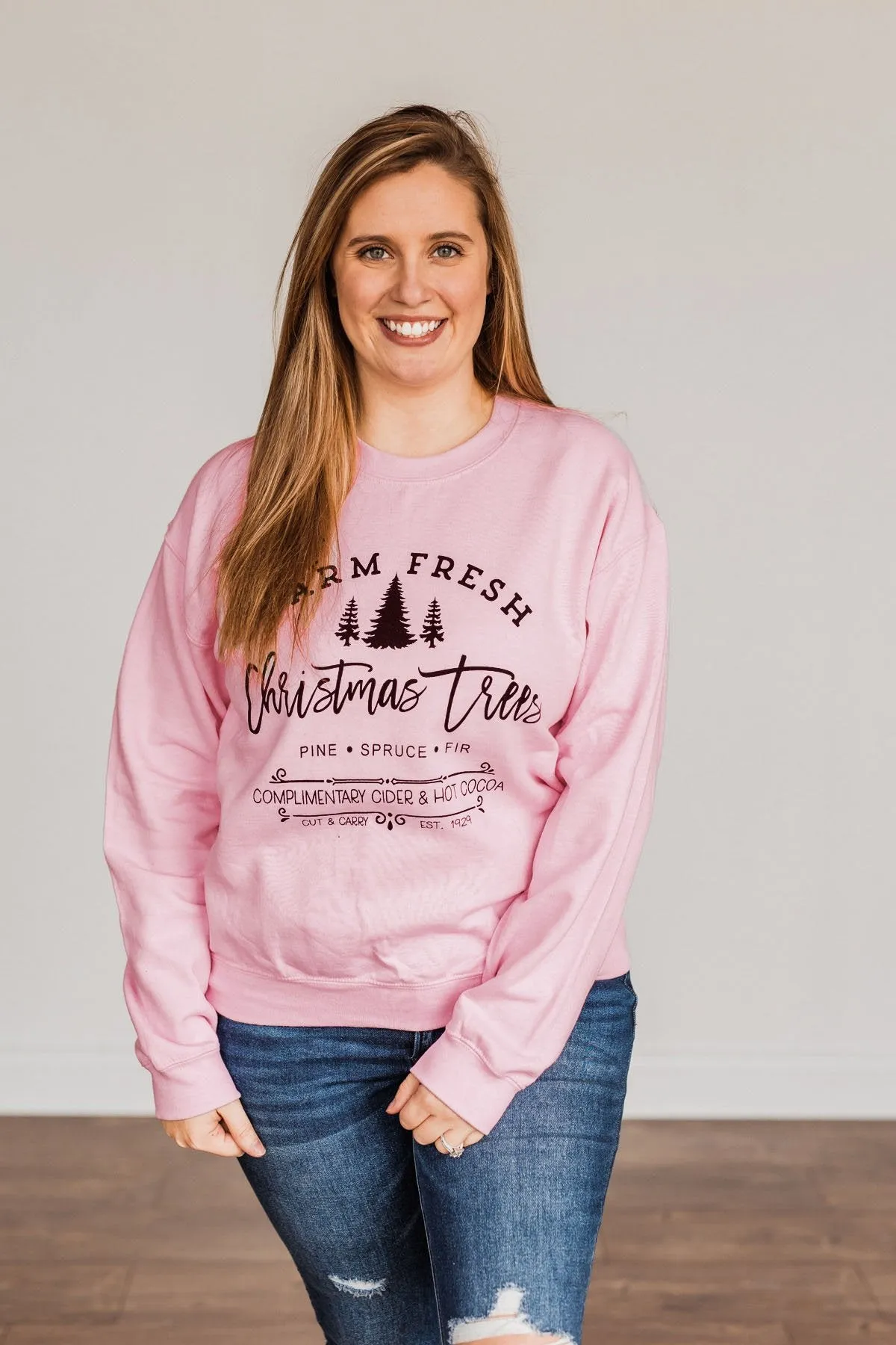 Farm Fresh Christmas Trees Graphic Crewneck- Light Pink