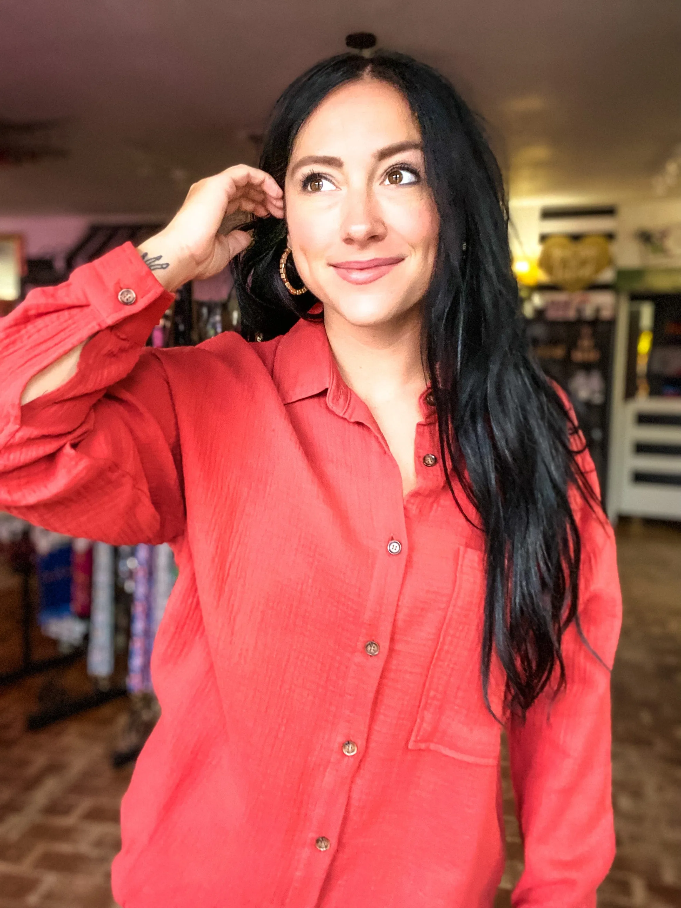 Gauzy Button Down Brick Top