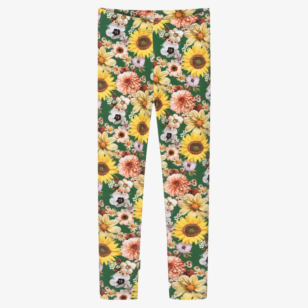 Girls Green Floral Cotton Leggings