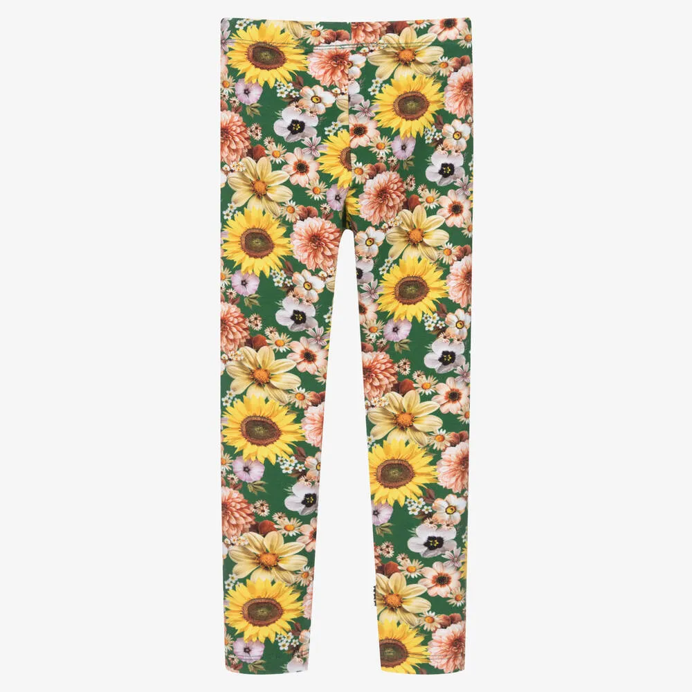 Girls Green Floral Cotton Leggings