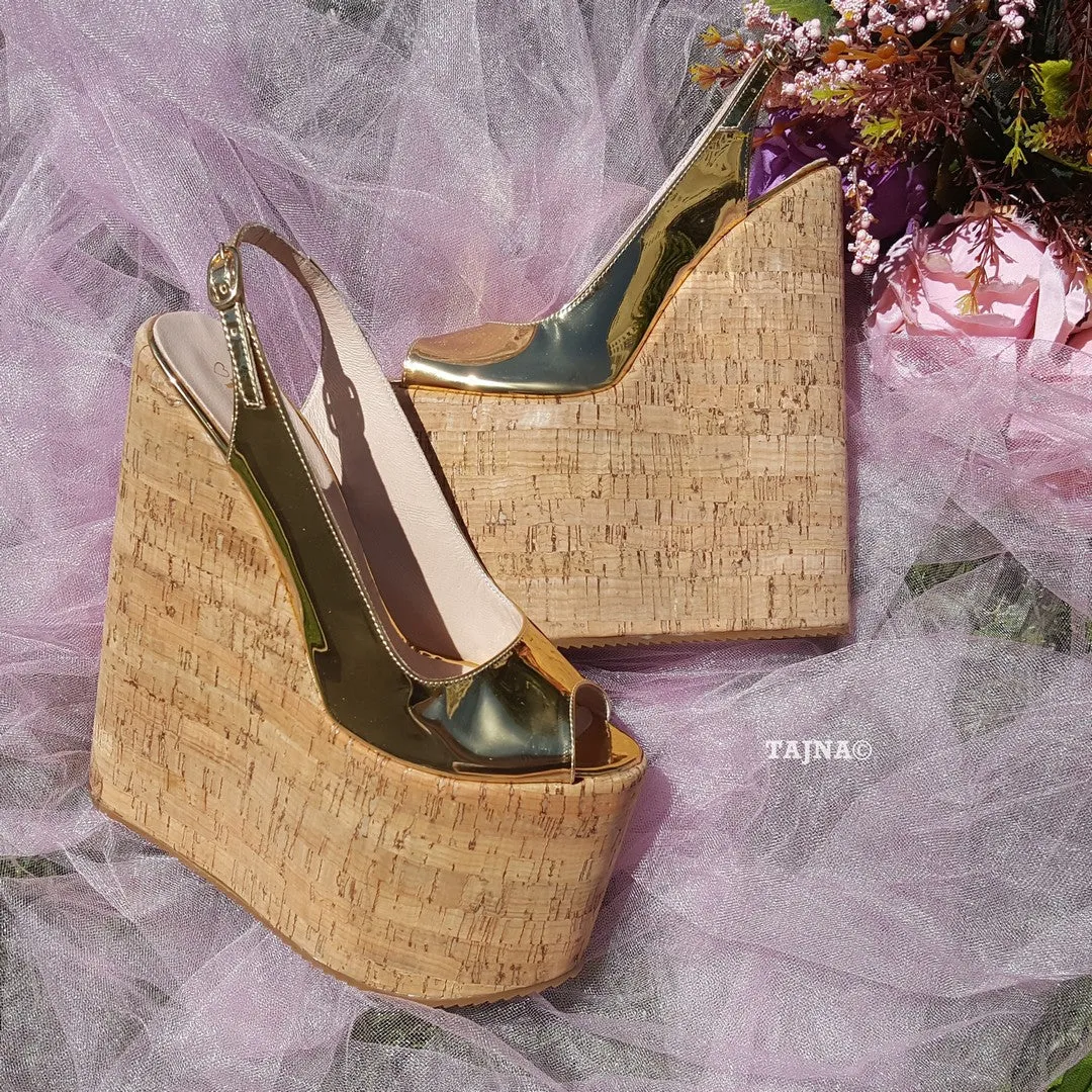 Golden Peep Toe Platform Wedge Shoes