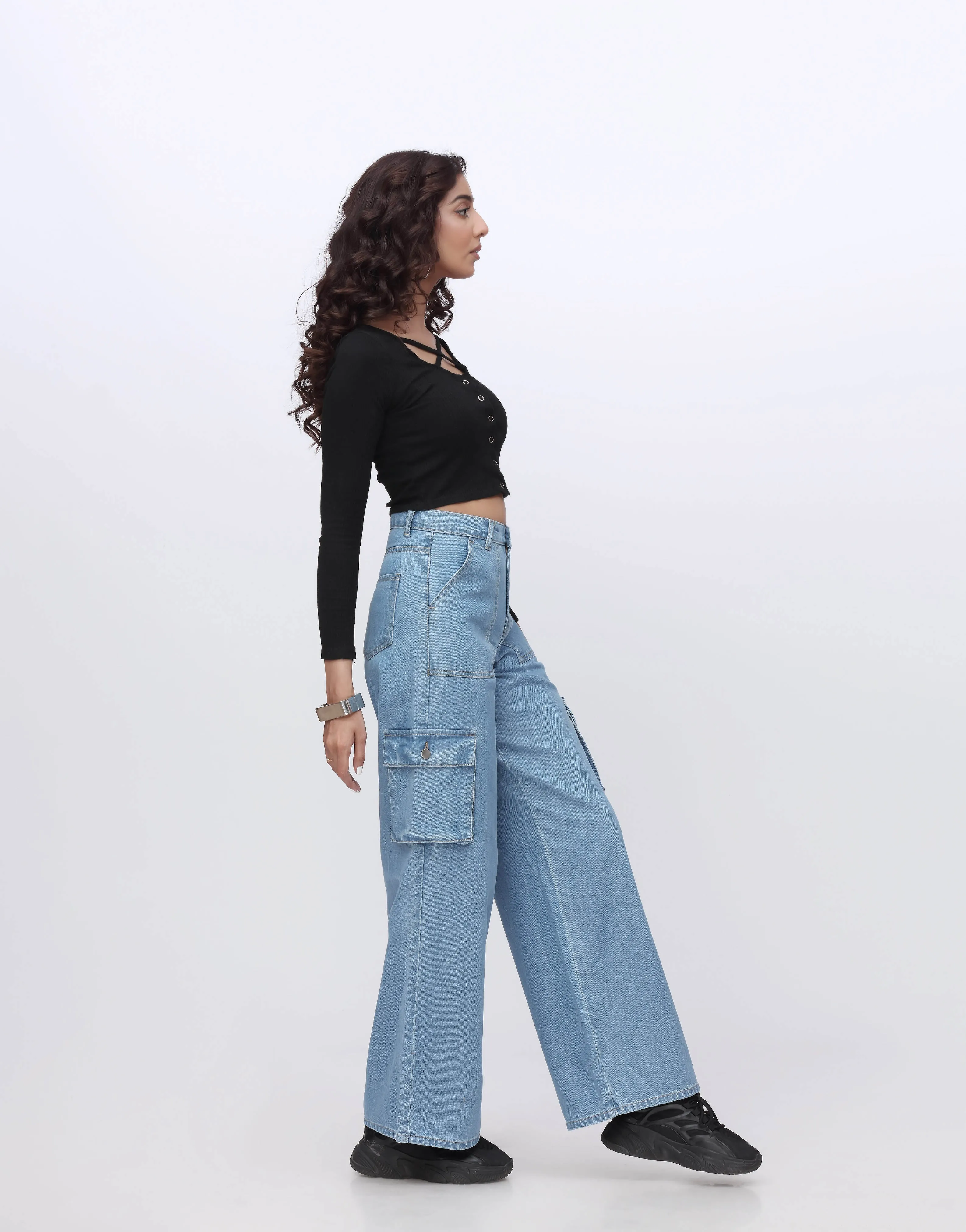 High Rise Wide Leg Flap Pocket Cargo Jeans Mid Blue