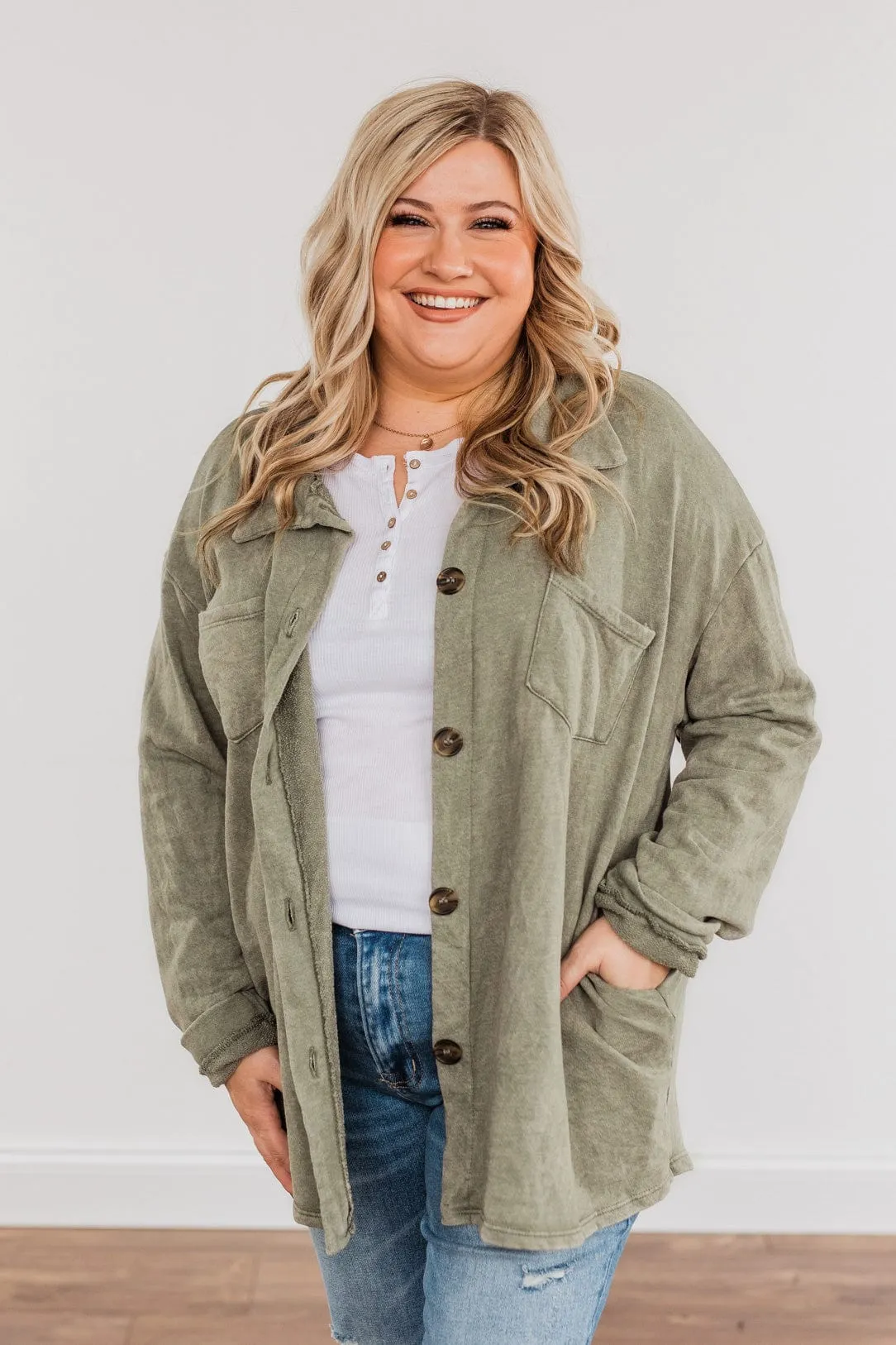 Life Is What You Make It Button Pocket Top- Olive