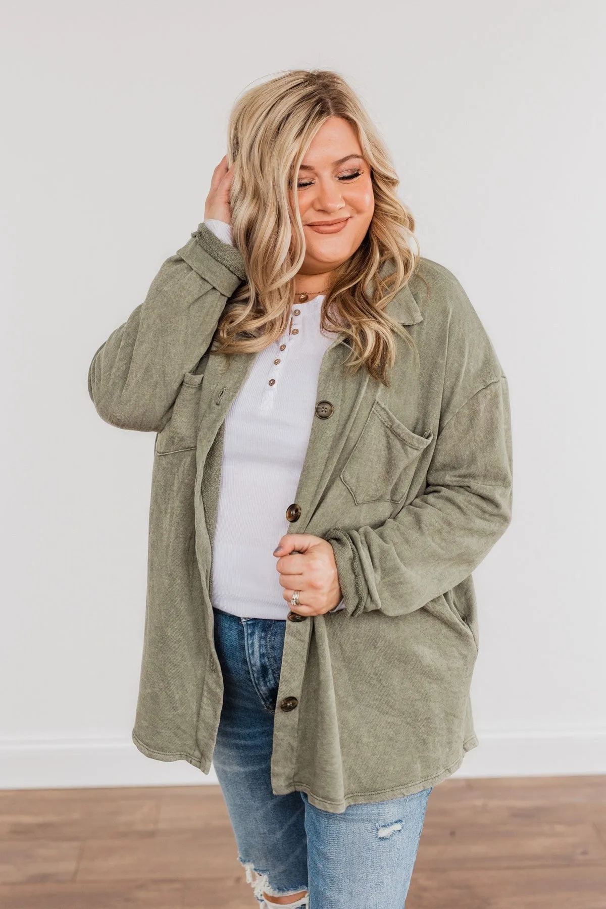 Life Is What You Make It Button Pocket Top- Olive