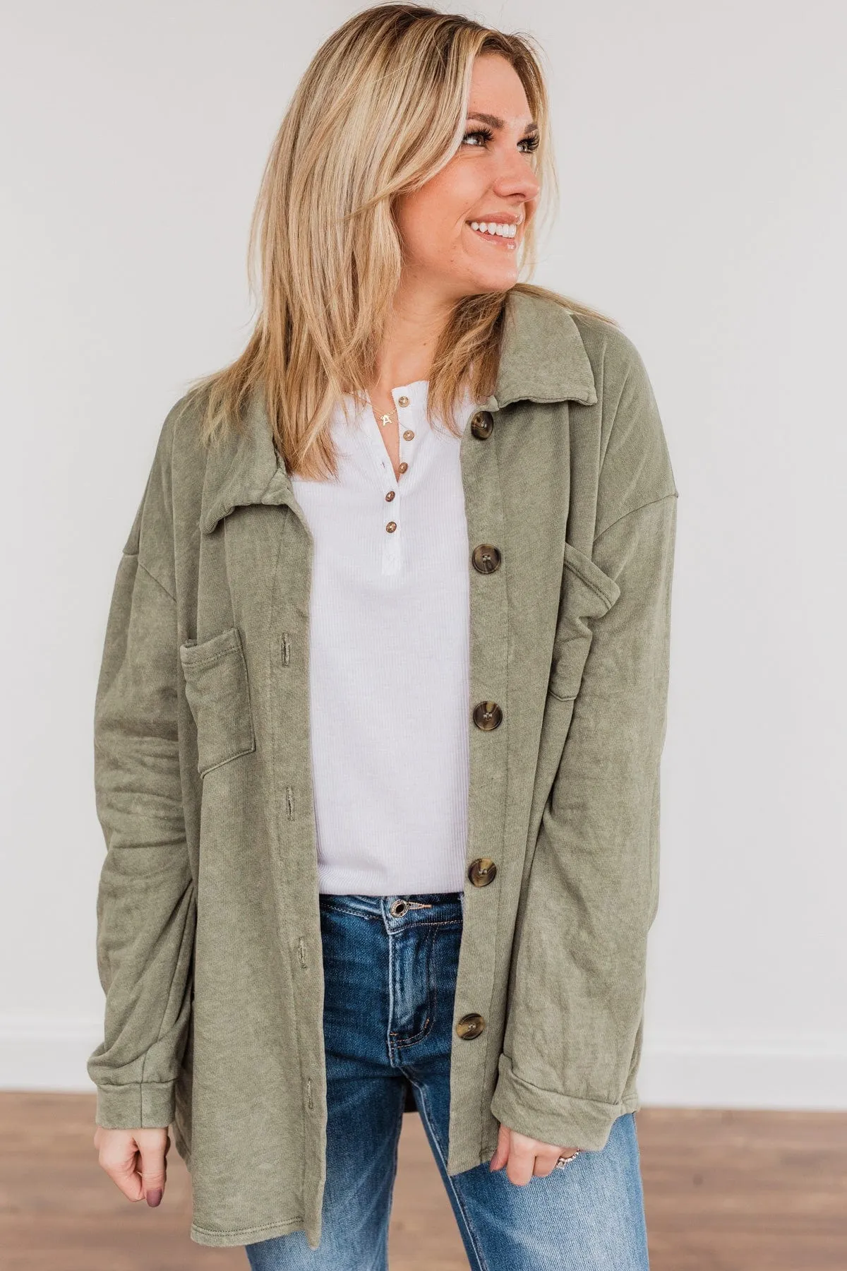 Life Is What You Make It Button Pocket Top- Olive