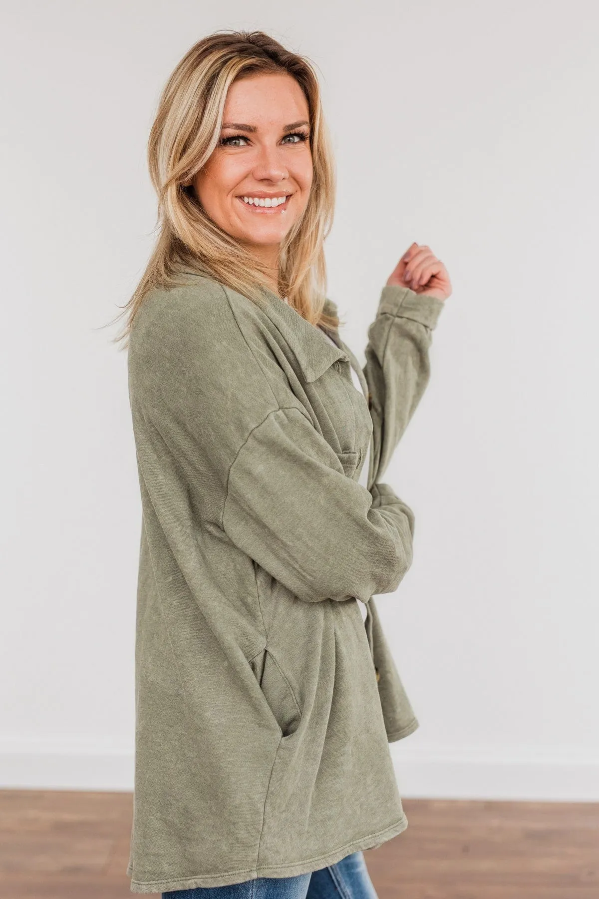 Life Is What You Make It Button Pocket Top- Olive