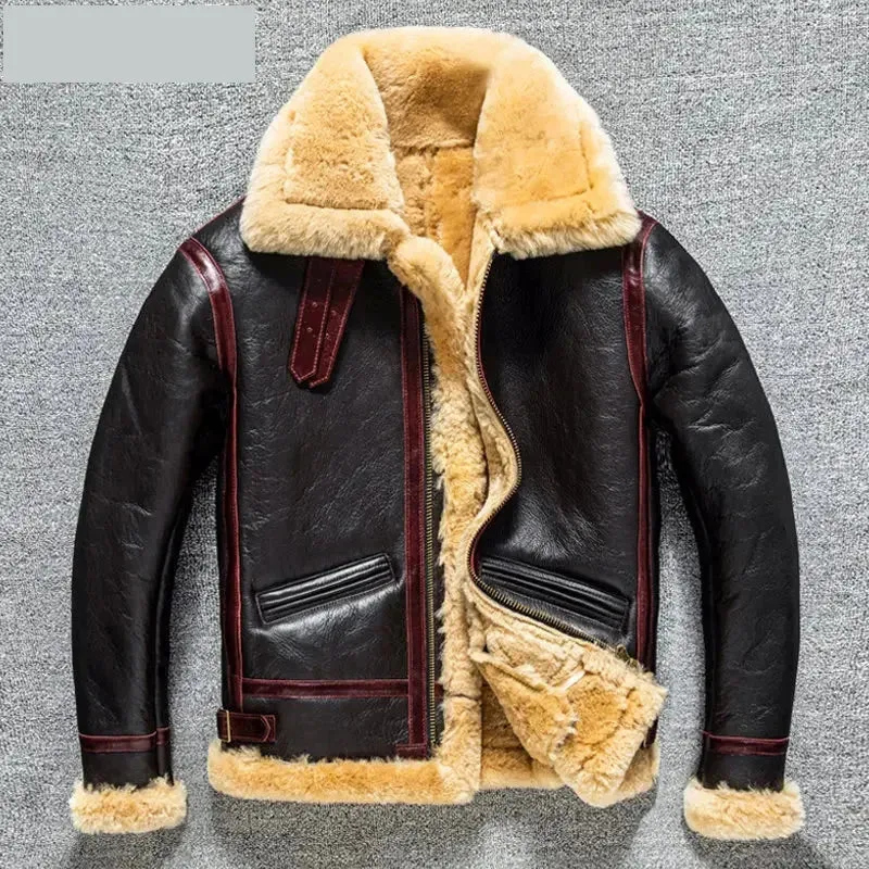 Men's Real Lamb Fur Vintage Natural Genuine Sheepskin Leather