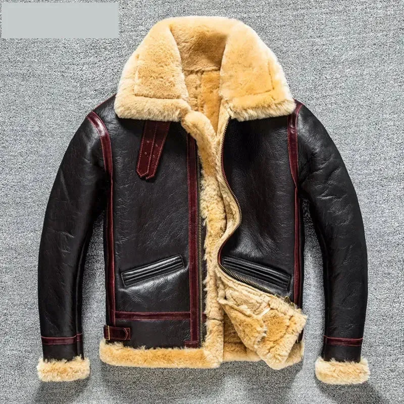 Men's Real Lamb Fur Vintage Natural Genuine Sheepskin Leather