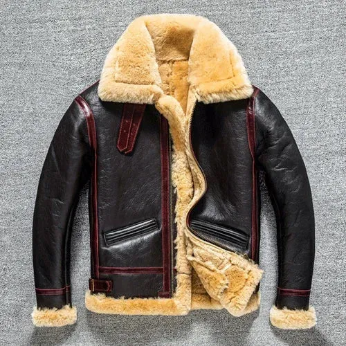 Men's Real Lamb Fur Vintage Natural Genuine Sheepskin Leather