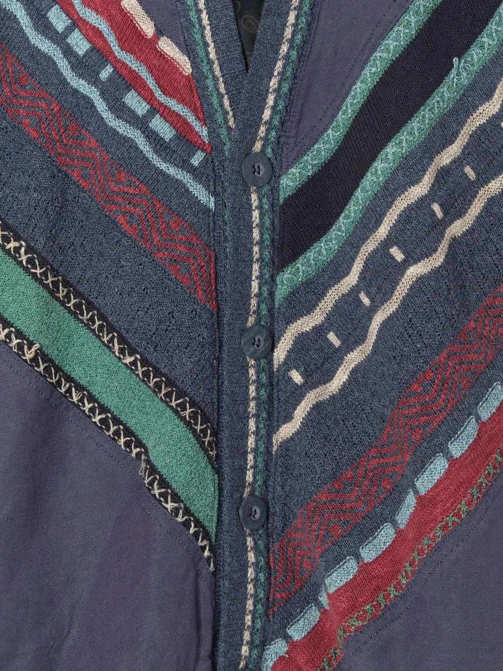 Mens vintage coogi style cardigan in blue cotton and linen with funky geometric design – Medium / Large